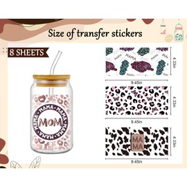 Rngmsi UV DTF Cup Wrap - 8 Sheets Leopard Print UV DTF Wraps Waterproof Mom Uvdtf Cup Wraps, Mama UV DTF Cup Wraps for 16 oz Glass Cups Wood Crafts Mom Gifts