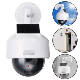 O&W Security Dummy Speed Dome Solar Camera with Lens and Red LED Light Waterproof for Indoor and Outdoor Use