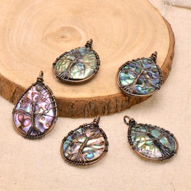 Natural Abalone Shell Wrapped Wire Tree of Life Pendant Necklace - Big - Bronze Copper