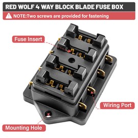 RED WOLF 4 Way Blade Fuse Block Box Holder w/Standard Circuit 10V-32V DC for Automotive Truck Boat Marine RV Van Vehicle Power Distribution Panel Damp-Proof Cover