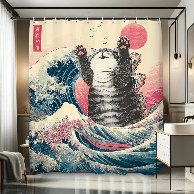 Glioown Funny Japanese Cat Shower Curtain 60Wx71L, Hilarious Cool Animal