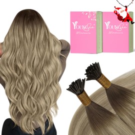 YoungSee I Tip Hair Extensions Balayage Brown Itips Hair Extensions Dark Brown Ombre Medium Brown with Blonde I Tip Human Hair Extensions for Long Hair 24 Inch Itip Extensions Add Length 50s/50g