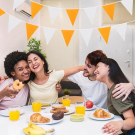Orange White Bunting 20m 52pcs, Fabric Waterproof Bunting for Outdoor Garden Indoor Birthday Decoration