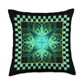 Green Light Star Checkerboard Spirograph Kaleidoscope Mirror Throw Pillow