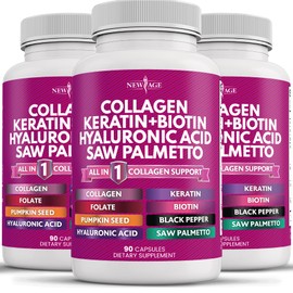 NEW AGE Collagen Pills Biotin Keratin Saw Palmetto Hyaluronic Acid- Vitamin E Folic Acid Pumpkin Seed MSM- 270 Count