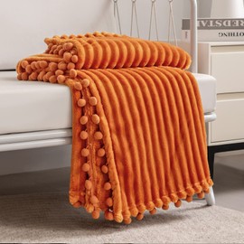 DISSA Fleece Blanket Throw Size – 51x63, Orange – Soft, Plush, Fluffy, Fuzzy, Warm, Cozy – Perfect Throw for Couch, Bed, Sofa - with Pompom Fringe - Flannel Blanket Throw Blanket