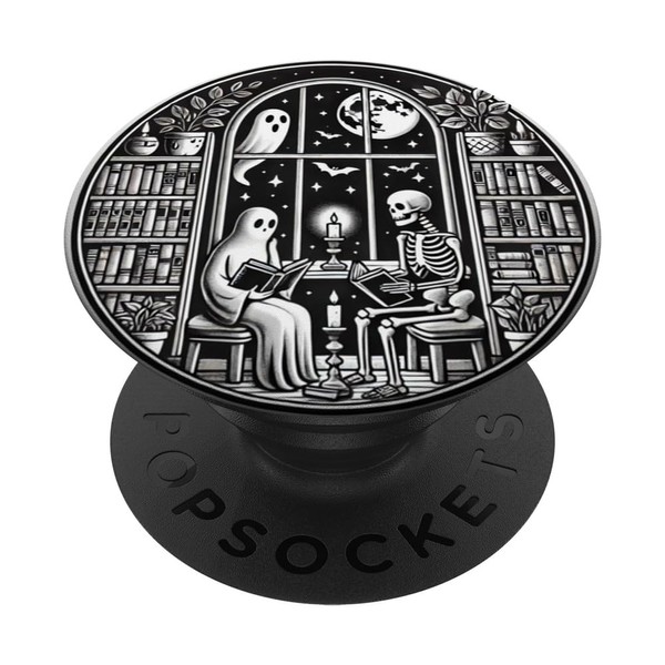 Retro Spooky Bookish Halloween Skeleton Ghost Bookworm Gifts PopSockets Adhesive