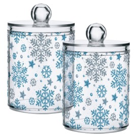 Gredecor Christmas Winter Qtip Holder Dispenser 2 Pack Silver Blue Glitter Snowflakes Bathroom Decorative Storage Canister Holder Counter Vanity Organizer for Cotton Ball Swabs Pads Floss