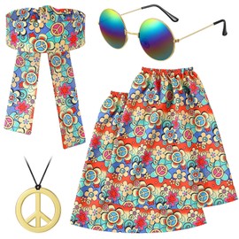 Hestya Set of 4 Hippie Costume Women's Set 70s Women's Hippie Outfit Including Headband Leg Warmers Peace Sign Necklace Sunglasses Women Hippie Costume Set for Carnival Women Girls, Colourful