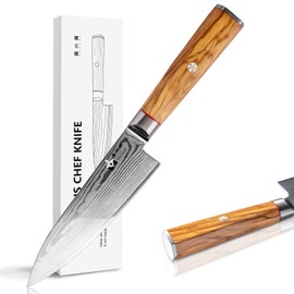 FUJUNI Chef Knife 6 inch Damascus Knife 67-Layer Damascus VG10 Steel- Olive Wood Handle - Razor Sharp Kitchen Knife with Exquisite Box