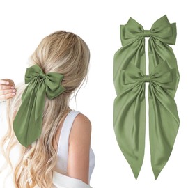 Hair Bows for Women, 2Pcs Olive Green Bow Hair Clips for Girls, Silky Satin Hair Bows Clips Long Tail, Large Hair Barrettes Cute Aesthetic Hair Accessories