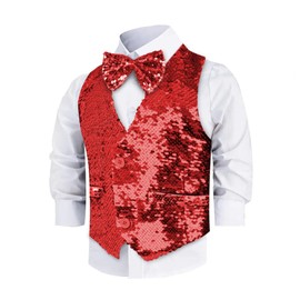 Dress Up America Sequin Vest with Bowtie - Sparkly Vest for Boys - Costume Party Vest for Kids - Boys Sequin Vest (Red)