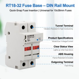 BAOMAIN 2 Pole DIN Rail Fuse Holder, 32A 690V AC RT18-32(X) Support, 10x38mm Cylindrical Fuse Mount with LED Indicator, 18-8 AWG, UL Recognized, Compact Circuit Protection for Solar/Industrial, Gray