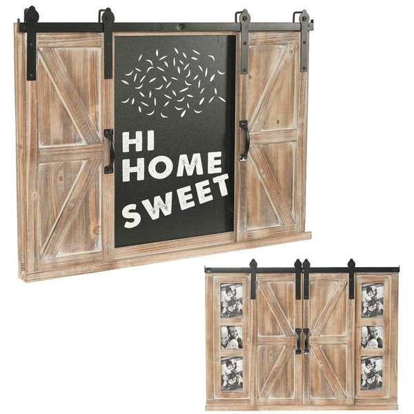 Rustic Wooden Chalkboard with Barn Door and 4x6 Photo Picture Frame Wall-Mounted for Kitchen Living Room Bedroom Foyer Entryway Decor