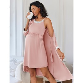 Ekouaer Women Lace Maternity Nursing Gown and 3/4 Sleeve Robe Set Double Layer Breastfeeding Nightgown Slip Dress & Bathrobe Dirty Pink L