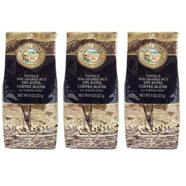 ROYAL KONA COFFEE - Medium Roast Ground Coffee, Vanilla Macadamia Flavor, 8 Ounce (Pack of 3)