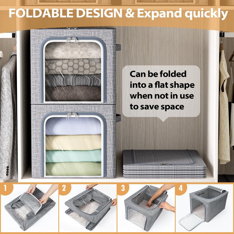 8 Pack Clothes Storage Bins with Metal Frame Foldable Clothing