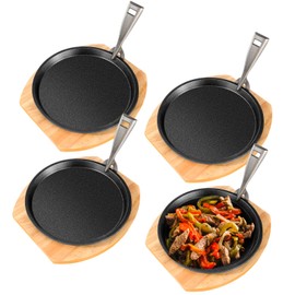Mimorou 4 Set Cast Iron Fajita Plate Set with Wooden Base Anti Scald Protection Removable Handle Fajita Plate Sizzling Pan Cast Iron Skillets Set for Home Restaurant Kitchen BBQ Cooking (10.3 Inch)
