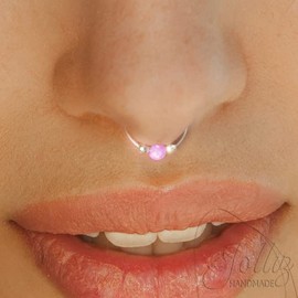 Tiny Silver Septum Hoop 20 Gauge With Pink Opal - 925 Silver Septum Ring For Women Men - Hypoallergenic Septum Jewelry