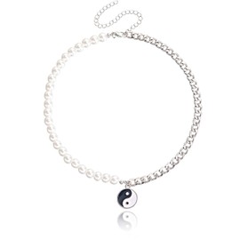 Hip Hop Cool Black White Beaded Yin Yang Taichi Necklace for Women Mens Link Chain Pearls Reiki Choker Punk Amulet Lucky Jewelry-link