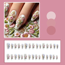 Spring Press on Nails Almond Fake Nails Pink Flower Glue Nails with Embroidery Design Reusable Full Cover Artificial Acrylic False Nails Press on Nails for Women Girls 24Pcs