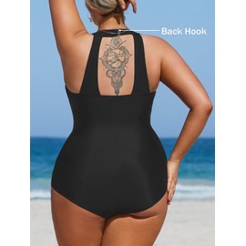 CUPSHE Plus Size Swimsuit for Women One Piece Bathing Suit Halter Ruched Tummy Control Full Coverage with Back Hook, 0X Black