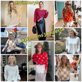 PrinStory Womens Jumpers Casual Sweaters Clashing Colour Crewneck Ladies Jumpers Long Sleeve Knitwear Winter Knitted Sweatshirt Soft Pullover (Black White Dot, L)