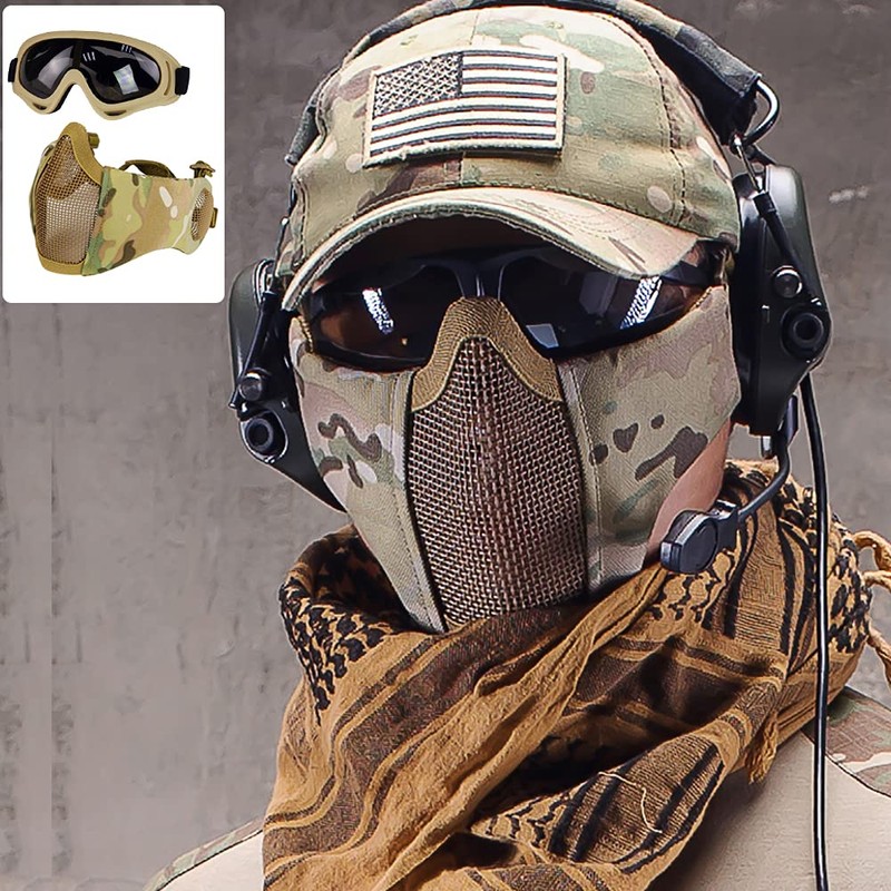 AOUTACC Airsoft Protective Gear Set, Half Face Mesh Masks with