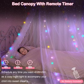 Unicorn Castle Bed Canopy for Girls with Remote Timer Breathable Canopy Bed Curtains with 8 Modes LED Lights Net Canopy for Bed for Girls Room Decor,White