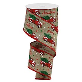 Wired Ribbon, Beige, White, Red, Green / 2.5" X 10 yd/Christmas Trucks On Royal / RGB100301