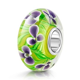 Materia Jewellery Murano Glass Beads Element with Purple Green Flowers – 925 Silver Beads Green Purple Glass Bead #1480, Sterling Silver Glass