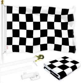UD_G128 Combo Pack: 6 Ft Tangle Free Spinning Flagpole (White) & Checkered Flag 3x5 Ft Printed 150D Polyester, Brass Grommets (F