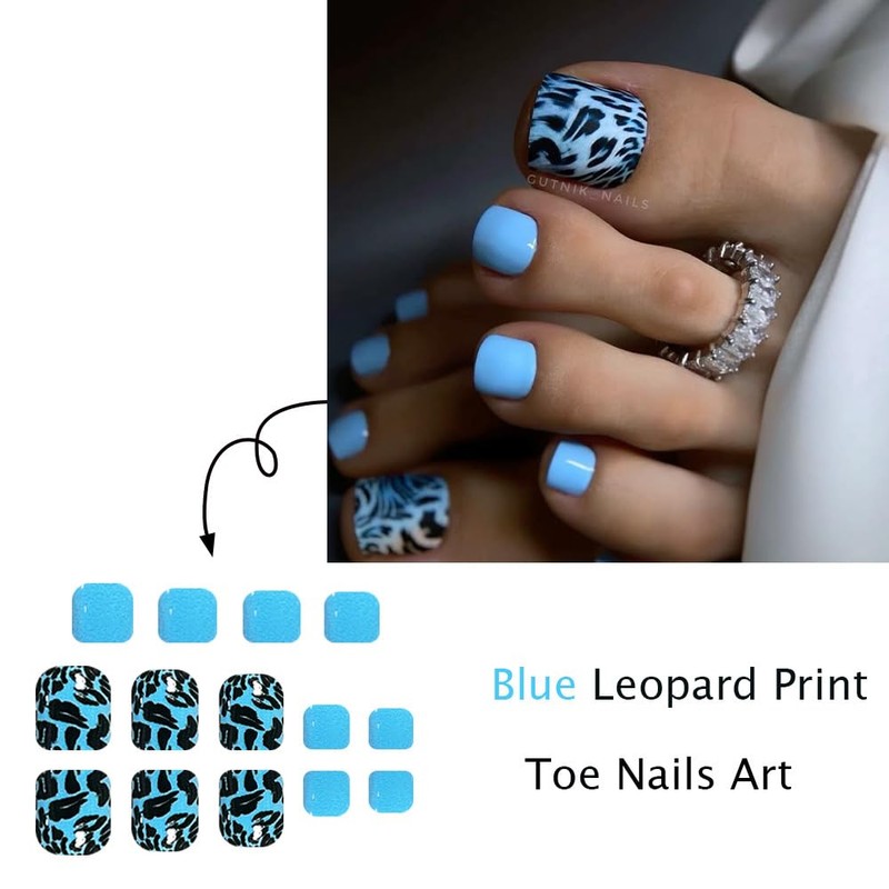 Blue Press on Toenails Short Summer Leopard Print Fake Toe