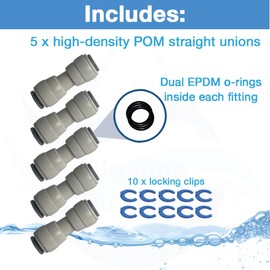 1/4" OD Straight Union, DUAL O-RING, 5-Pack, Quick Connect, Push Fit Water Tube Fitting for RO Reverse Osmosis, Water Filter, Plumbing Connections - With Locking Clips