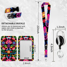 Badge Holder with Lanyard,Colorful Floral Mexican ID Name Badge Card Holder with Lanyard,Badge Reel Heavy Duty with Carabiner Clip,Nurse Teacher Office Gifts