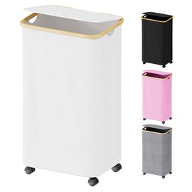 SUOCO Laundry Hamper on Wheels 100L, Clothes Basket with Lid and Bamboo Handles, Foldable Laundry Hamper for Bedroom, Bathroom, Dorm, Laundry Room - White