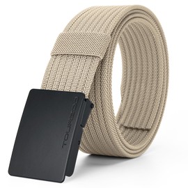 TOURZOO Nylon Military Tactical Belts for Men 1.5" No Holes Adjustable Webbing Canvas Belt for Hiking, Casual & Outdoor（Beige，42"-45" Waist Adjustable）