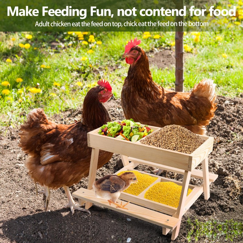 Double Chicken Picnic Table, Large Capacity Wooden Chicken Feeder No