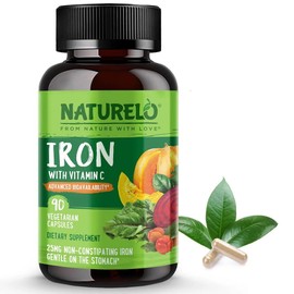 NATURELO Vegan Iron Supplement 90 Count 25mg with Vitamin C for Energy Support