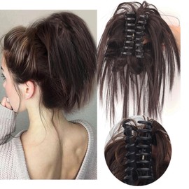 Claw Clip Messy Hair Piece Tousled Updo Messy Hair Bun Hair Scrunchies Synthetic Wavy Curly Chignon Hair Extension Ponytail Hairpieces for Women (Dark Brown)