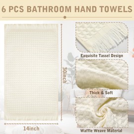 SmoothNovelty 6 Pcs Boho Bathroom Hand Towels Set Beige Waffle Weave Tassel Hand Towels 14 x 30 Inch Farmhouse Decorative 100% Cotton Dishcloth Soft Absorbent Washcloth for Boho Bathroom Kitchen Decor