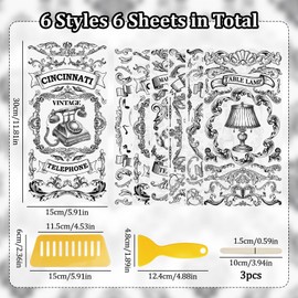 WANDIC 6 Sheets Black White Rub On Transfer Sticker, Vintage Pattern Stickers Transfer Decals for DIY Photo Albums Furniture, 5.9 * 11.8in