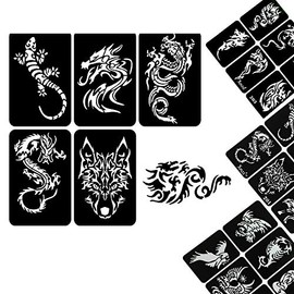 xmasir 32 Sheet DIY Airbrush Tattoo Stencils for Men Body Painting Dragon Wolf Glitter Temporary Tattoo Sticker