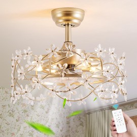 CELAVIEIOP 20" Gold Fandelier Ceiling Fan with Light, Flower Crystal Chandelier Ceiling Fan with Light and Remote Control, Modern Caged Enclosed 6 Speeds for Girl's Bedroom, Nursery, Living Room