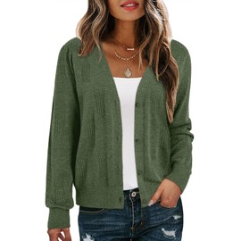 Dokotoo Woman Cardigans Trendy Long Sleeve Wool Light Weight 2025 V-Neck Basic Open Front Cardigan Button Down Twist Cable Knit Shrugs Sweaters,Fern Green Large