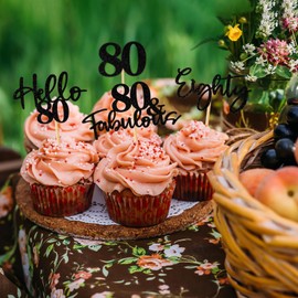 48 piezas de adornos para cupcakes de 80 cumpleaños, con purpurina, Hello 80 cupcakes, 80 fabulosas 80 púas para decoraciones de pasteles, para bodas y aniversarios, bodas, fiestas, color negro