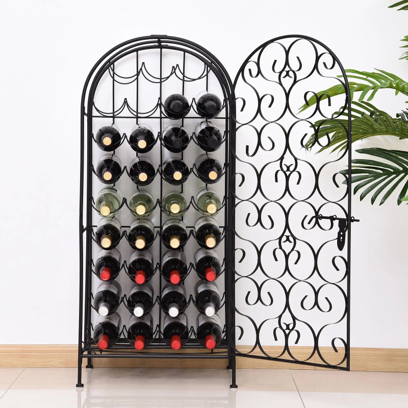 35 Bottle Wrought Iron Wine Rack Cabinet Black with Lock
