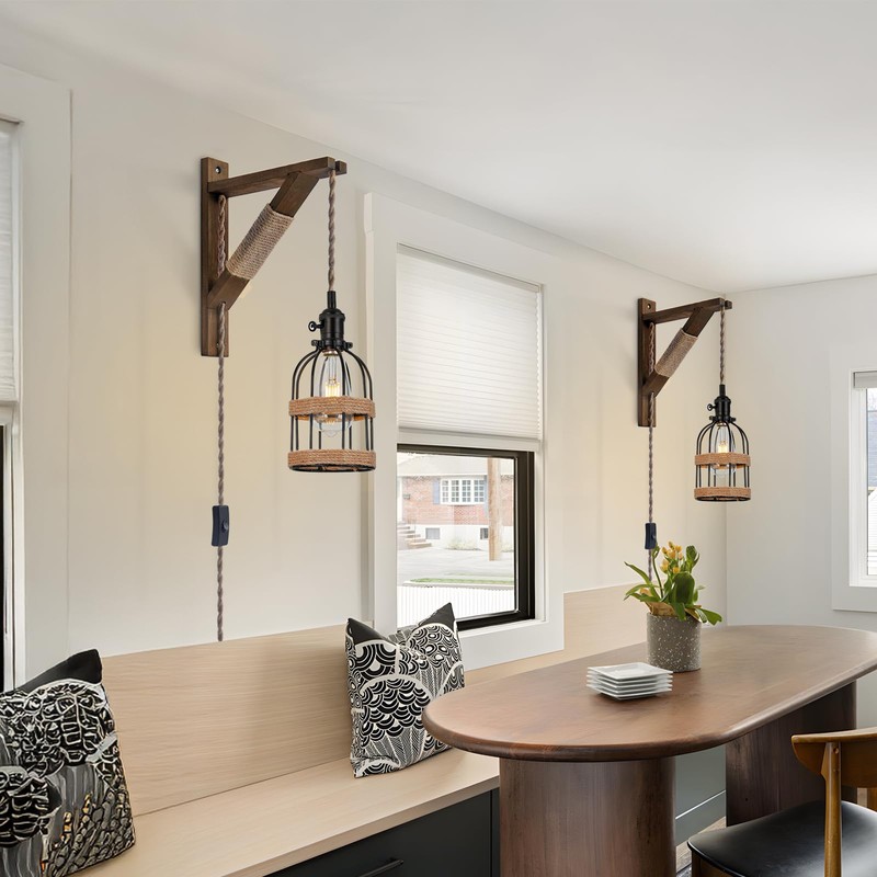 SEEBLEN Rustic Plug in Pendant Lights Set of 2,Farmhouse Wooden