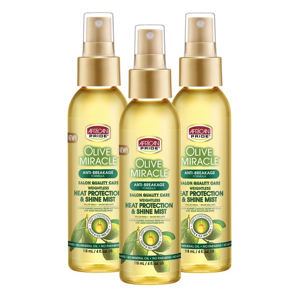 African Pride Olive Miracle Weightless Heat Protection & Hair Shine Mist (3 Pack), Fights Humidity & Shields Against Heat Damage, Enriched with Olive & Tea Tree Oils, 4 oz