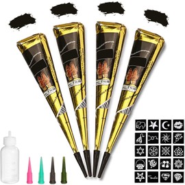 Yomagine Conos De Tatuaje Negros, Kit De Tatuaje Temporal Negro De 4 Piezas, Pasta De Tatuaje Negra Lista Para Usar 100% Natural, Pintura Artística Para El Cuerpo De La India Para Muje